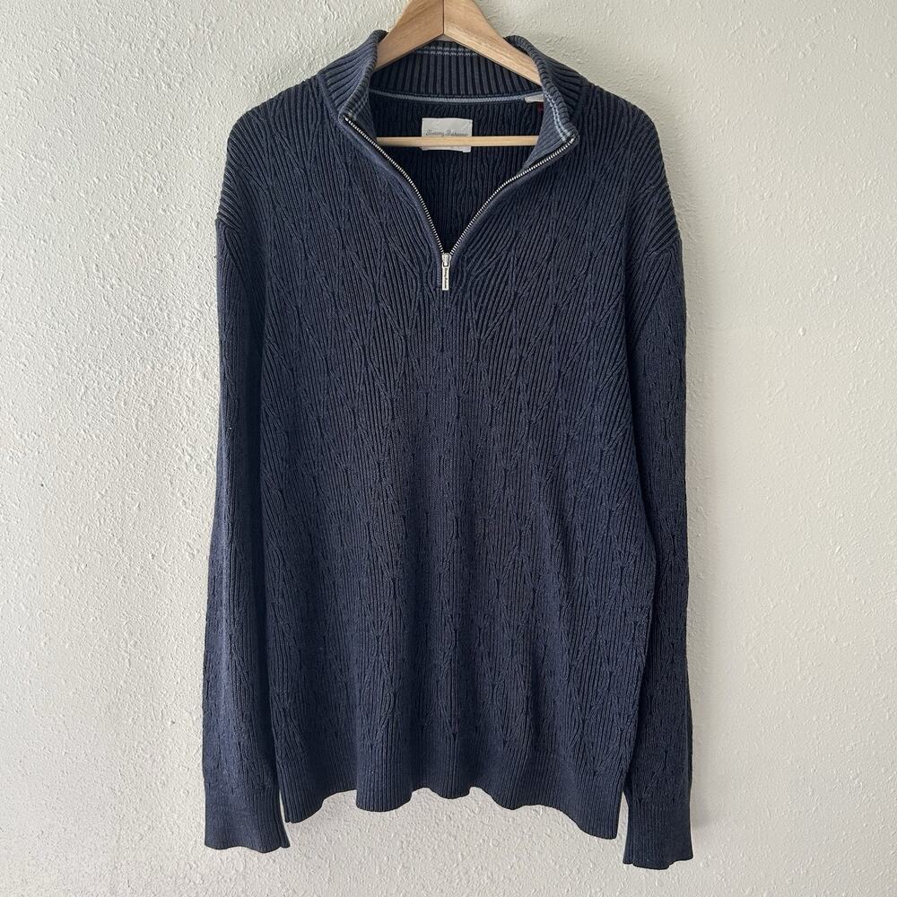 Tommy Bahama 1/4 Zip Pullover Sweater Blue Textured Knit Men's Large Coastal